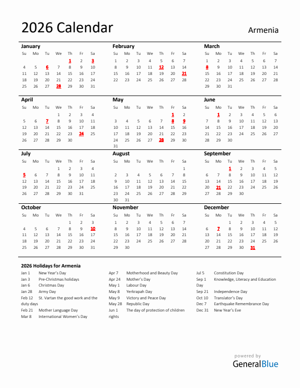 Standard Holiday Calendar for 2026 with Armenia Holidays