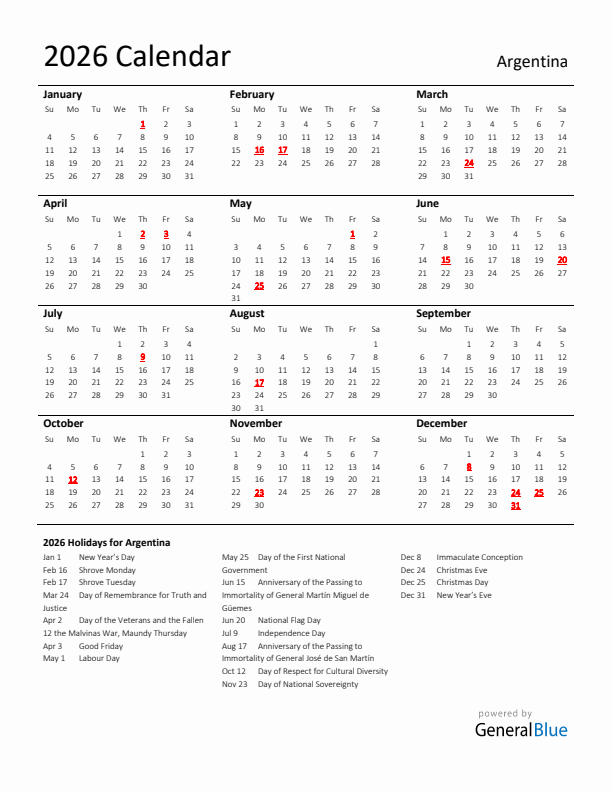 Standard Holiday Calendar for 2026 with Argentina Holidays 
