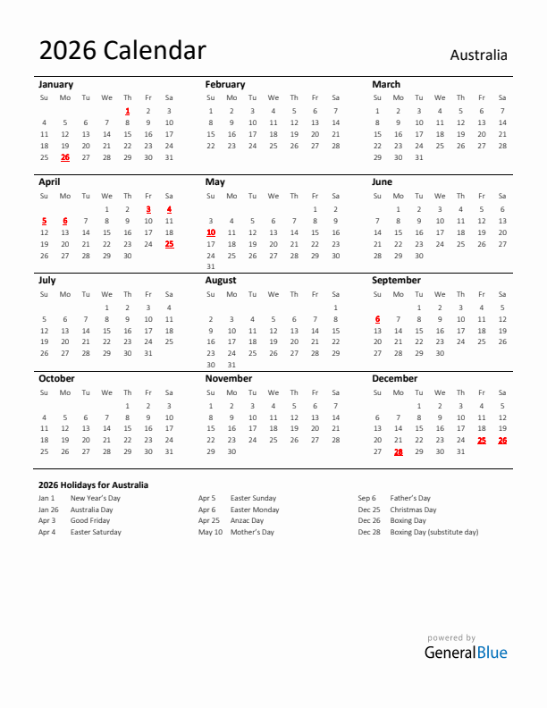 Australia 2026 Calendar With Holidays