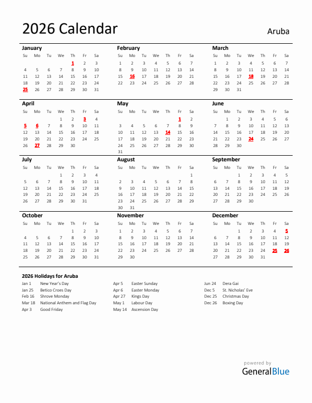 Standard Holiday Calendar for 2026 with Aruba Holidays