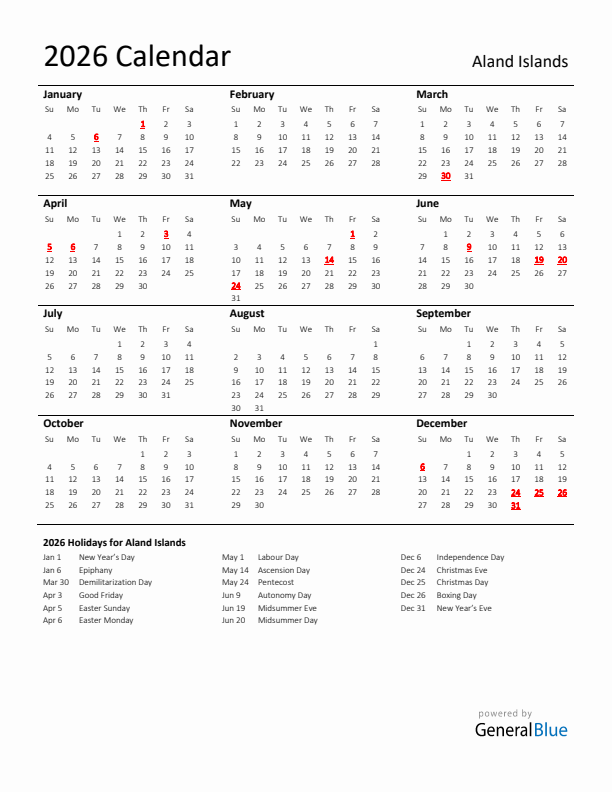 Standard Holiday Calendar for 2026 with Aland Islands Holidays