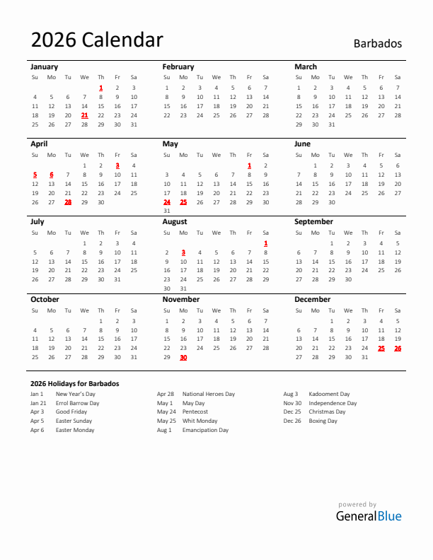 Standard Holiday Calendar for 2026 with Barbados Holidays