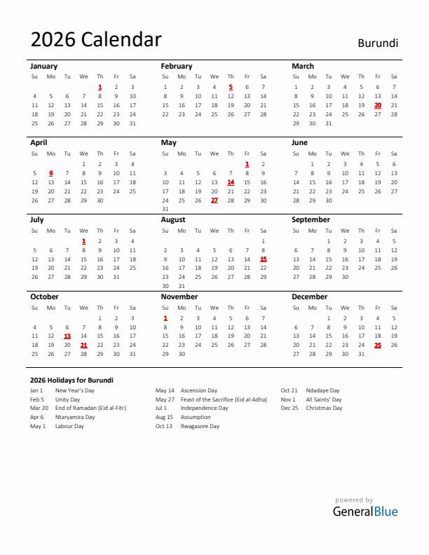 Standard Holiday Calendar for 2026 with Burundi Holidays