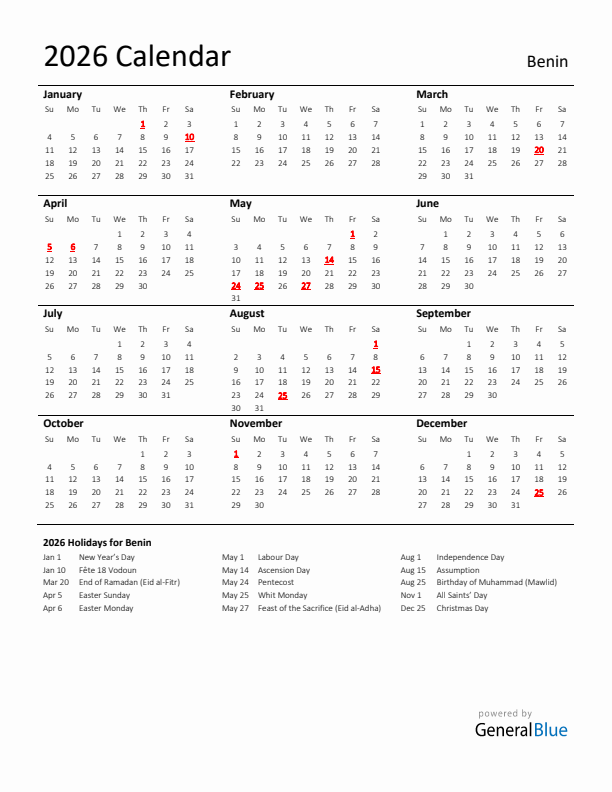 Standard Holiday Calendar for 2026 with Benin Holidays