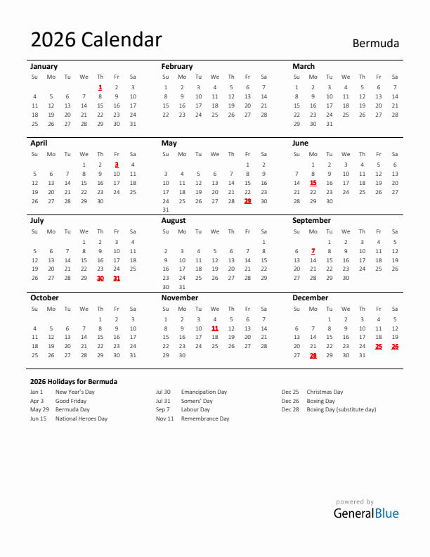 Standard Holiday Calendar for 2026 with Bermuda Holidays