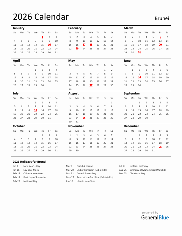 Standard Holiday Calendar for 2026 with Brunei Holidays