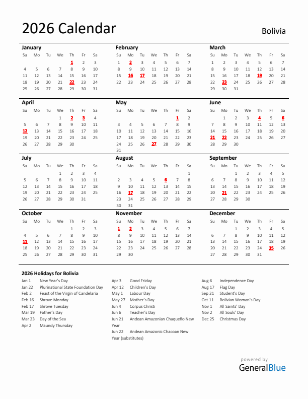 Standard Holiday Calendar for 2026 with Bolivia Holidays