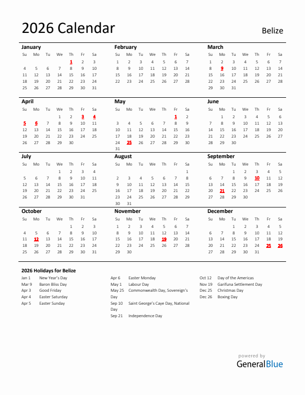 Standard Holiday Calendar for 2026 with Belize Holidays