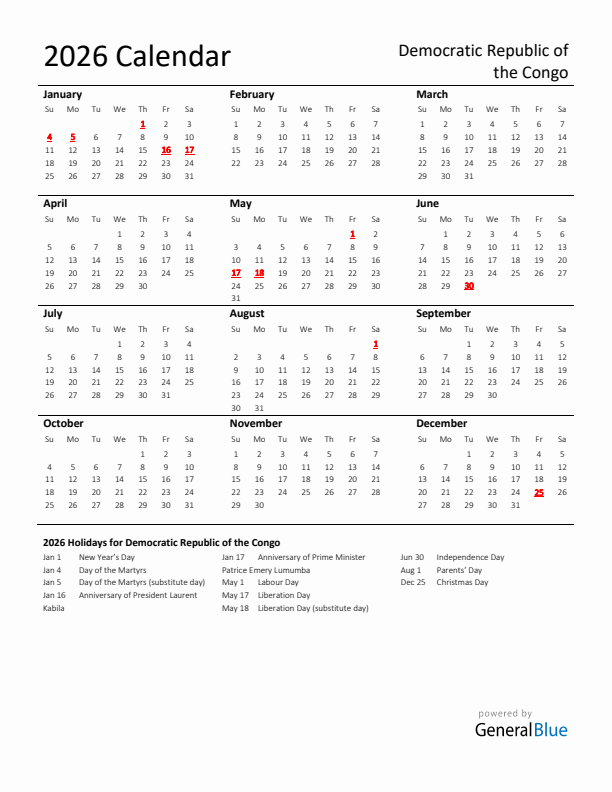 Standard Holiday Calendar for 2026 with Democratic Republic of the Congo Holidays 