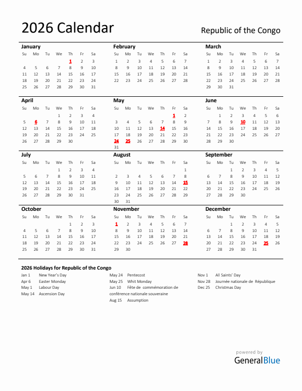 Standard Holiday Calendar for 2026 with Republic of the Congo Holidays 