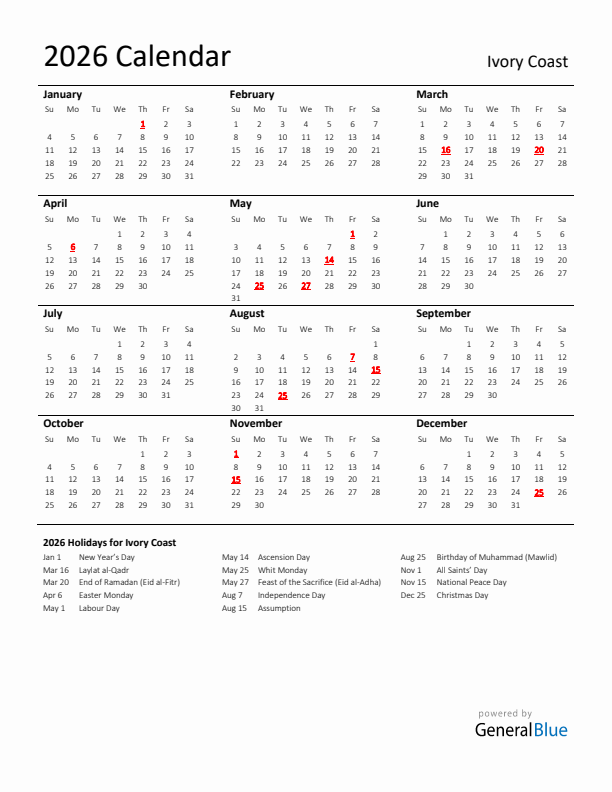 Standard Holiday Calendar for 2026 with Ivory Coast Holidays 
