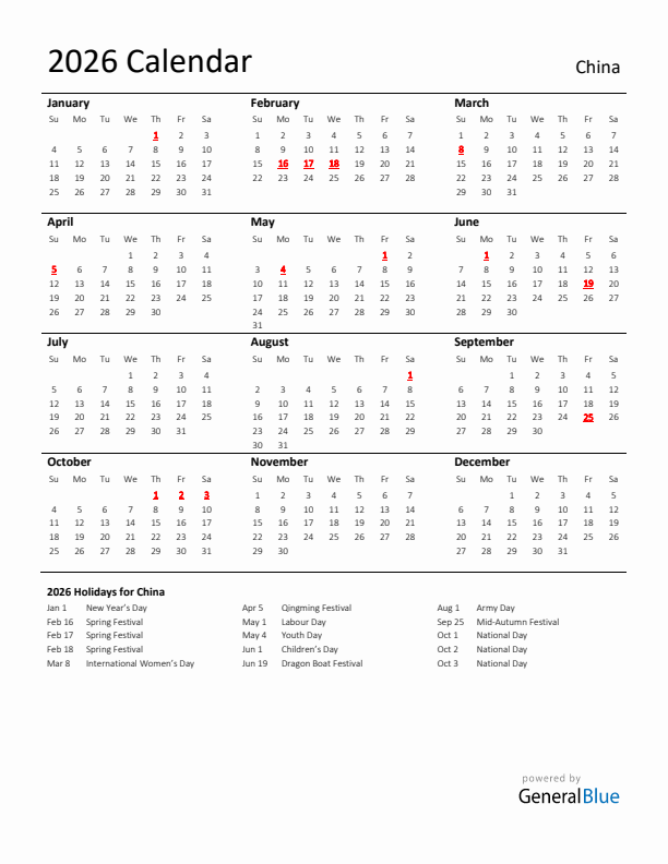 2026 Printable Calendar With China Holidays