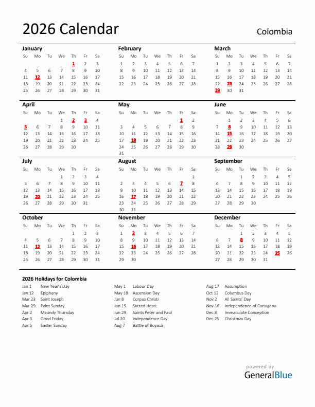 Standard Holiday Calendar for 2026 with Colombia Holidays