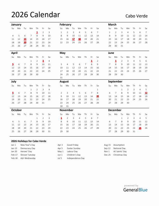 Standard Holiday Calendar for 2026 with Cabo Verde Holidays