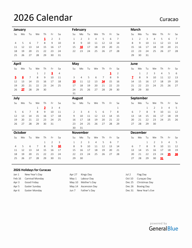 Standard Holiday Calendar for 2026 with Curacao Holidays