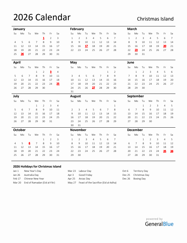 Standard Holiday Calendar for 2026 with Christmas Island Holidays
