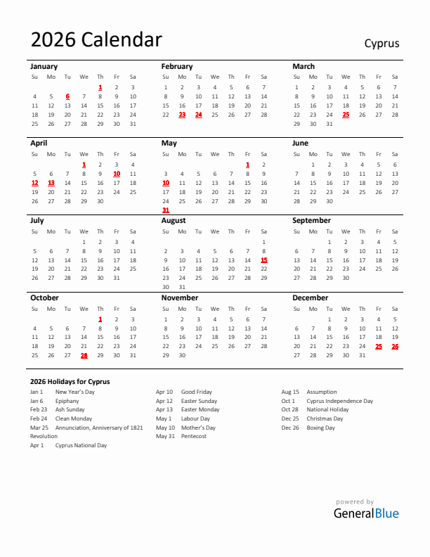 Standard Holiday Calendar for 2026 with Cyprus Holidays