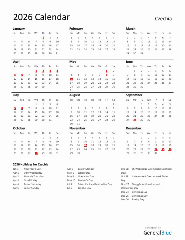 Standard Holiday Calendar for 2026 with Czechia Holidays 