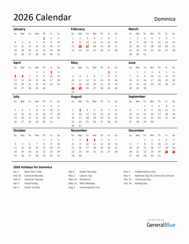 Standard Holiday Calendar for 2026 with Dominica Holidays
