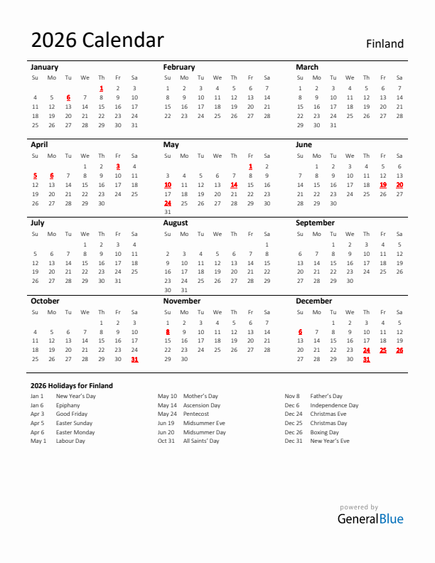 Standard Holiday Calendar for 2026 with Finland Holidays