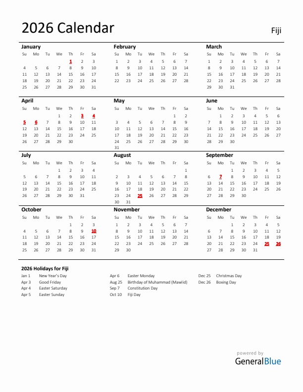 Standard Holiday Calendar for 2026 with Fiji Holidays 