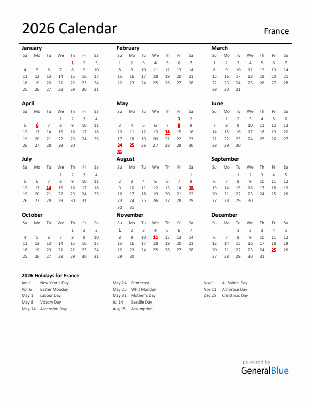 Standard Holiday Calendar for 2026 with France Holidays