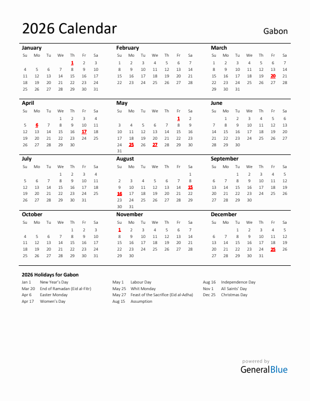 Standard Holiday Calendar for 2026 with Gabon Holidays