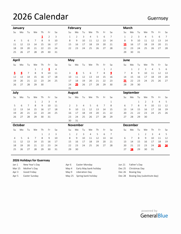 Standard Holiday Calendar for 2026 with Guernsey Holidays