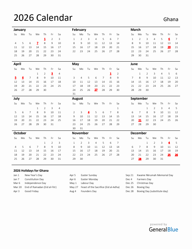 Standard Holiday Calendar for 2026 with Ghana Holidays 
