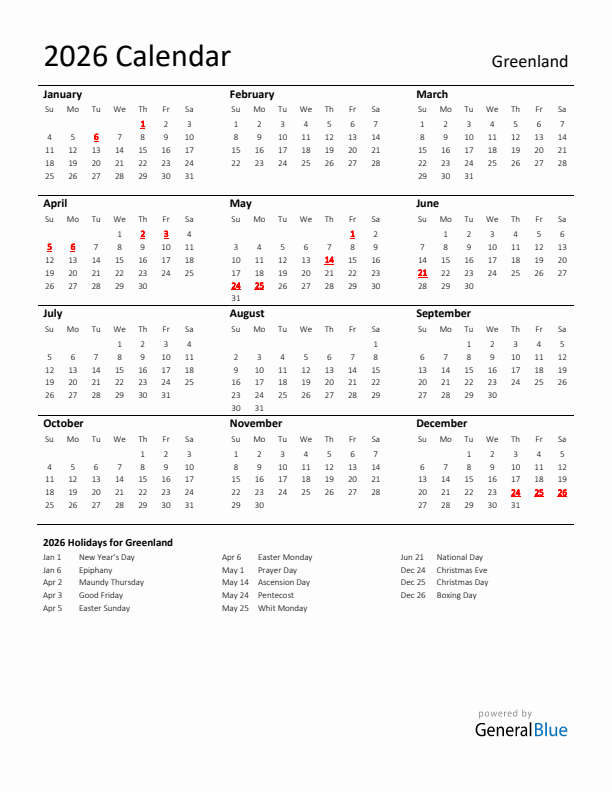 Standard Holiday Calendar for 2026 with Greenland Holidays