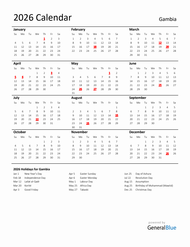Standard Holiday Calendar for 2026 with Gambia Holidays 