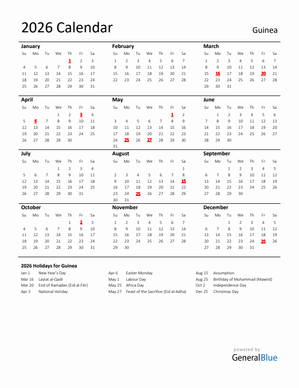 Standard Holiday Calendar for 2026 with Guinea Holidays 