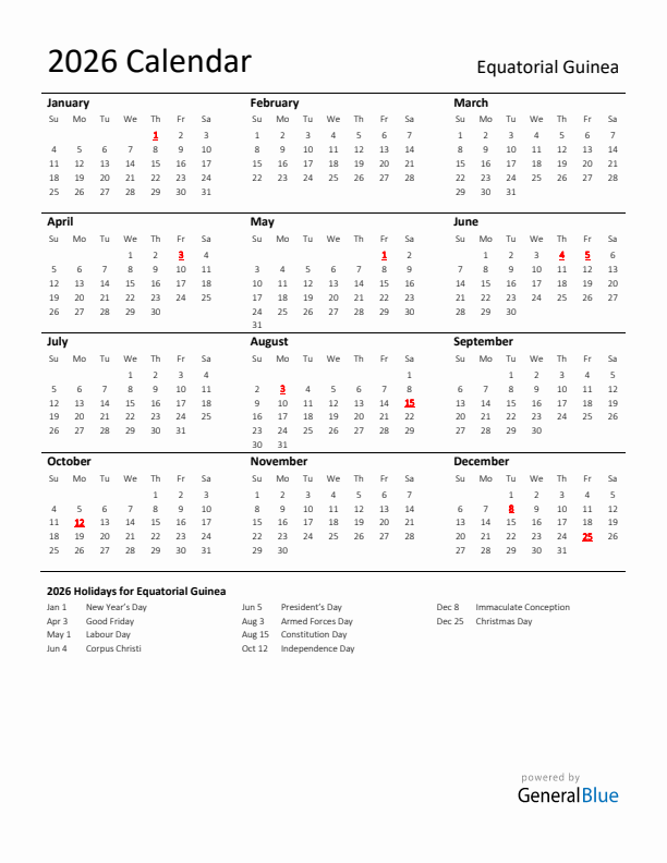 Standard Holiday Calendar for 2026 with Equatorial Guinea Holidays