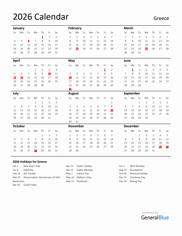 Standard Holiday Calendar for 2026 with Greece Holidays