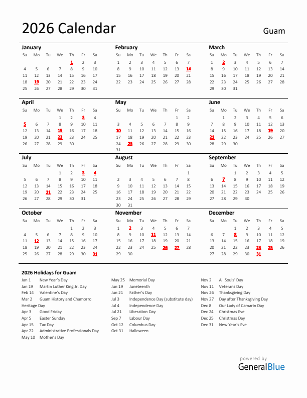 Standard Holiday Calendar for 2026 with Guam Holidays