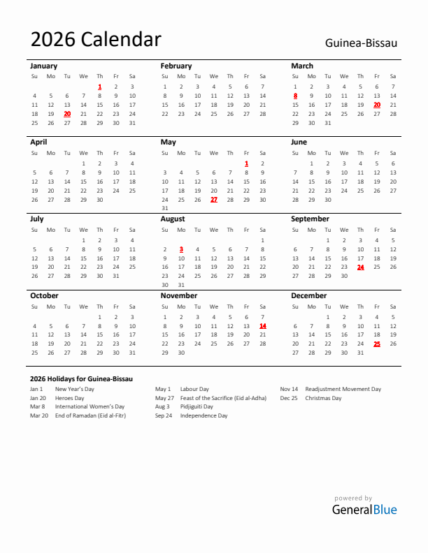 Standard Holiday Calendar for 2026 with Guinea-Bissau Holidays 