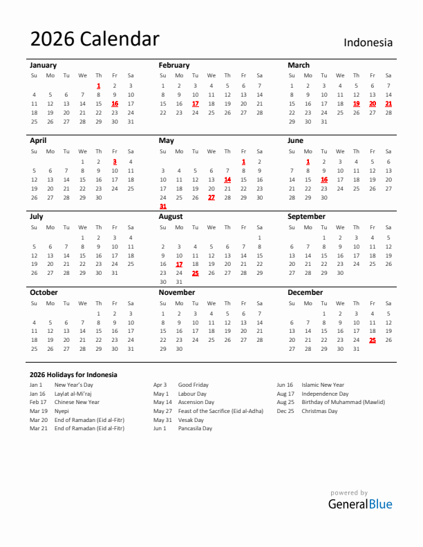 Standard Holiday Calendar for 2026 with Indonesia Holidays 