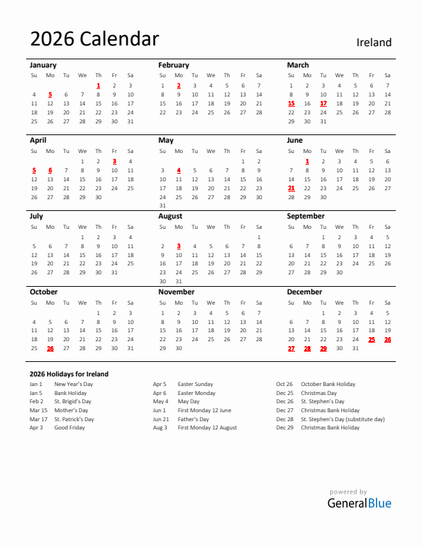 Standard Holiday Calendar for 2026 with Ireland Holidays