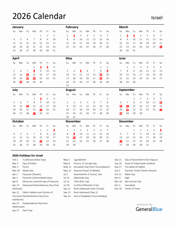 Standard Holiday Calendar for 2026 with Israel Holidays 