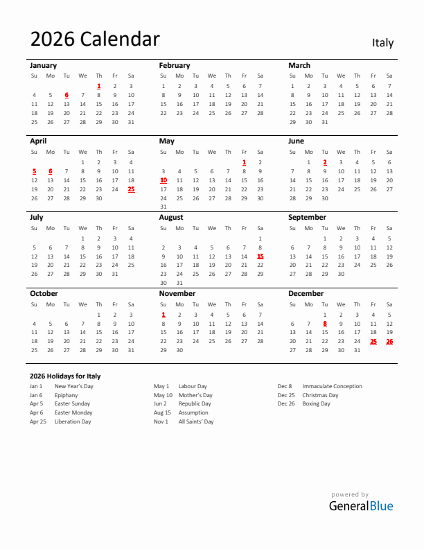 Standard Holiday Calendar for 2026 with Italy Holidays