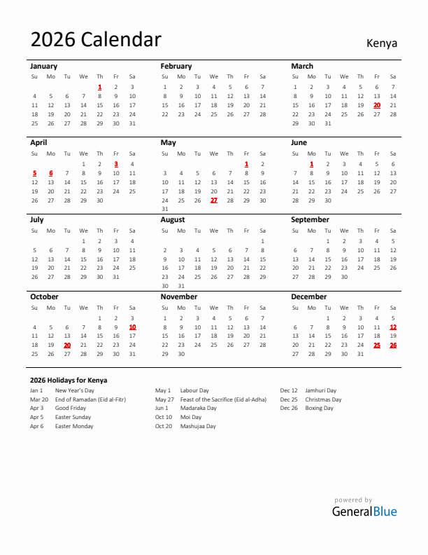 Standard Holiday Calendar for 2026 with Kenya Holidays