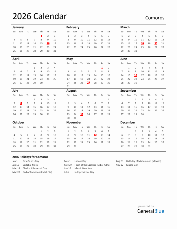 Standard Holiday Calendar for 2026 with Comoros Holidays 