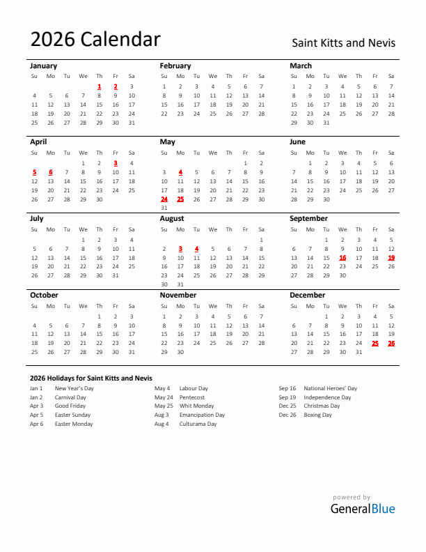 Standard Holiday Calendar for 2026 with Saint Kitts and Nevis Holidays 