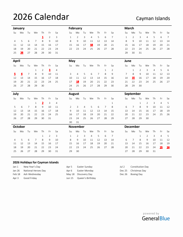Standard Holiday Calendar for 2026 with Cayman Islands Holidays 