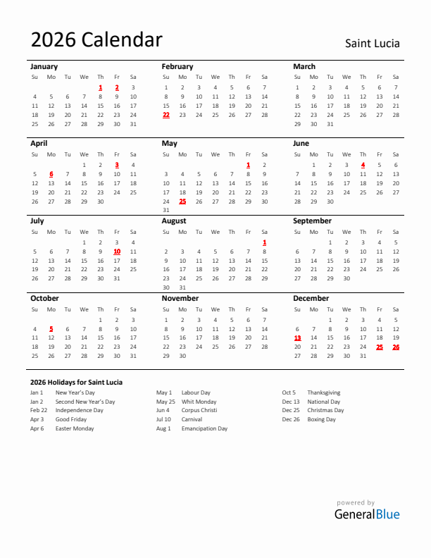 Standard Holiday Calendar for 2026 with Saint Lucia Holidays 