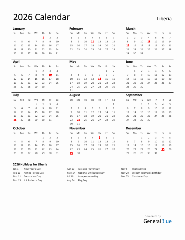 Standard Holiday Calendar for 2026 with Liberia Holidays 