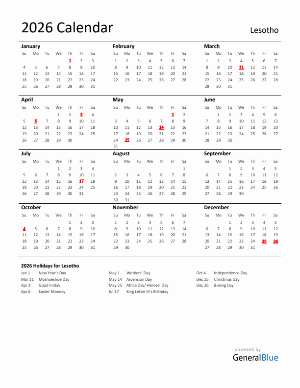 Standard Holiday Calendar for 2026 with Lesotho Holidays