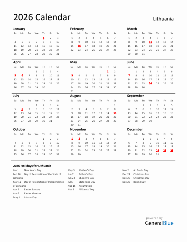 Standard Holiday Calendar for 2026 with Lithuania Holidays 