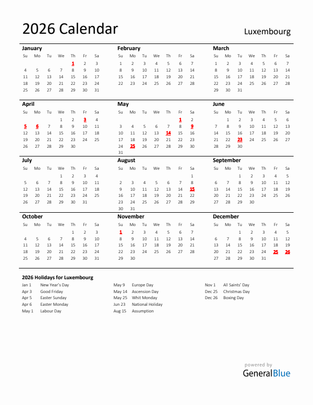 Standard Holiday Calendar for 2026 with Luxembourg Holidays