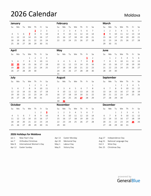 Standard Holiday Calendar for 2026 with Moldova Holidays